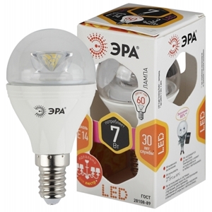 Изображение Лампа светодиодная P45-7W-827-E14-Clear ЭРА (диод,шар,7Вт,тепл, E14)